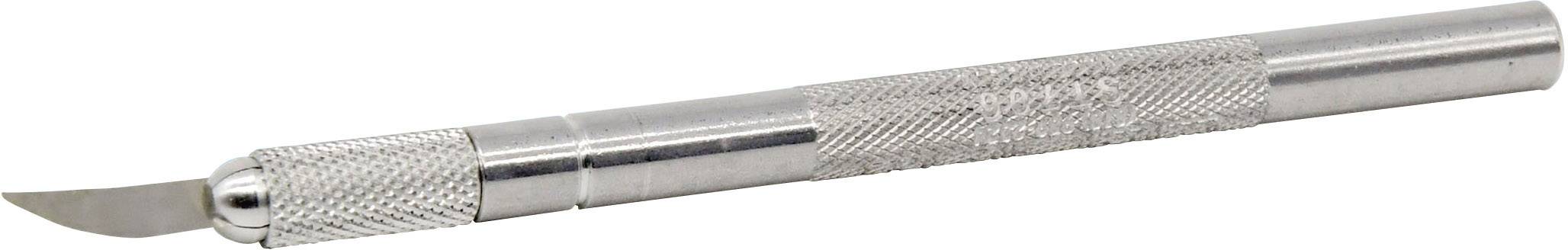 Un couteau de précision en argent doté d'une structure de poignée cylindrique cannelée et d'une petite lame incurvée.