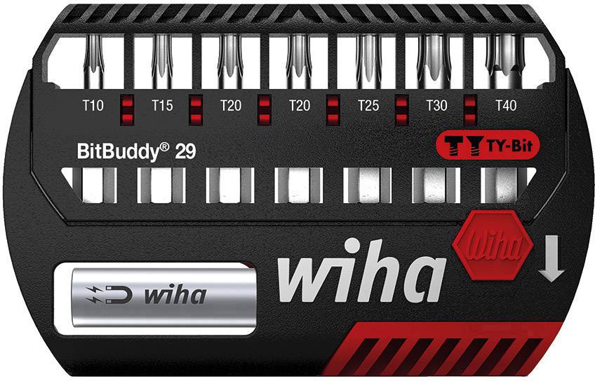 Bitset de 11 embouts dans un boîtier compact noir. Marqué 'BitBuddy 29', 'TY-Bit', et 'wiha'. Comprend des embouts Torx T10 à T40.