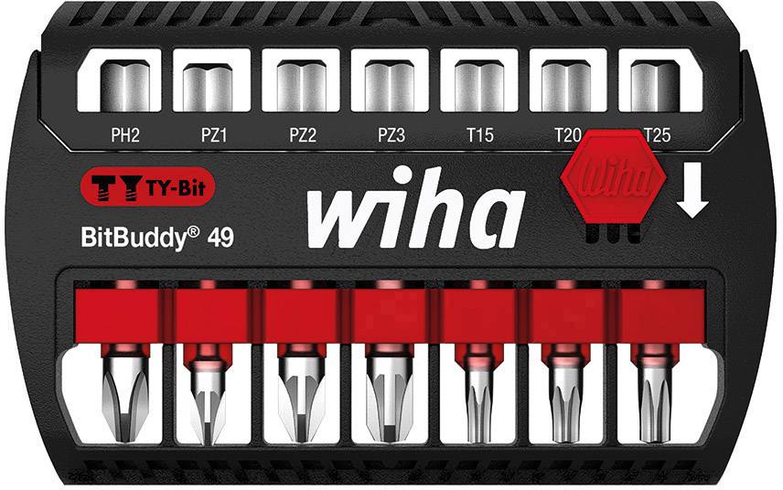 Ensemble de bits Wiha, modèle 'BitBuddy 49', contenant divers embouts dont PH2, PZ1, PZ2 et Torx T15-T25.