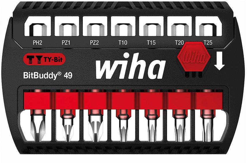 Wiha BitBuddy 49 - Jeu de tournevis à embouts comprenant 9 embouts différents dans un boîtier de rangement noir et rouge, incluant PH2, PZ1, T10-T25.