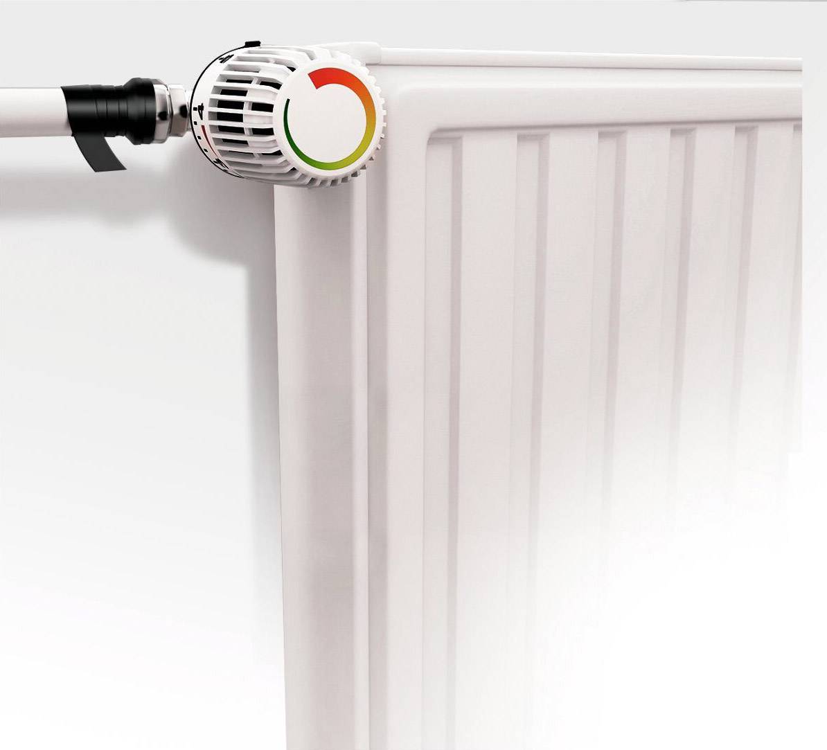 Un radiateur équipé d'un robinet thermostatique avec un indicateur de température coloré. L'échelle est marquée en rouge, jaune et vert.