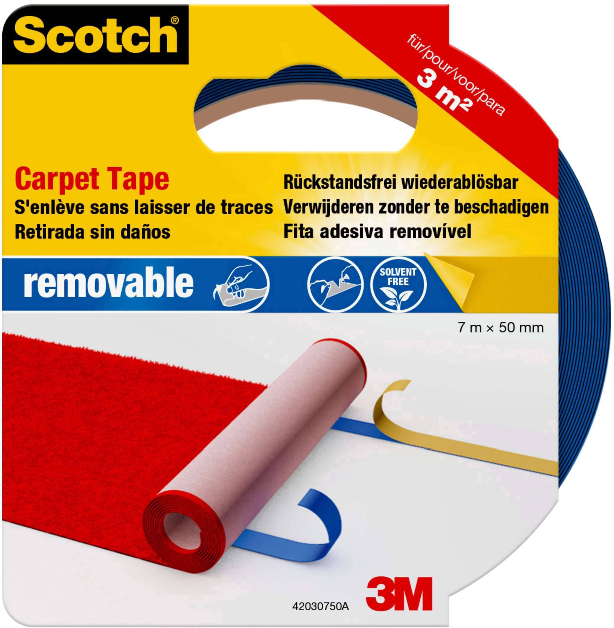 Ruban adhésif double-face Scotch, 7 m x 50 mm, repositionnable sans résidus, adapté pour 3 m² de surfaces.