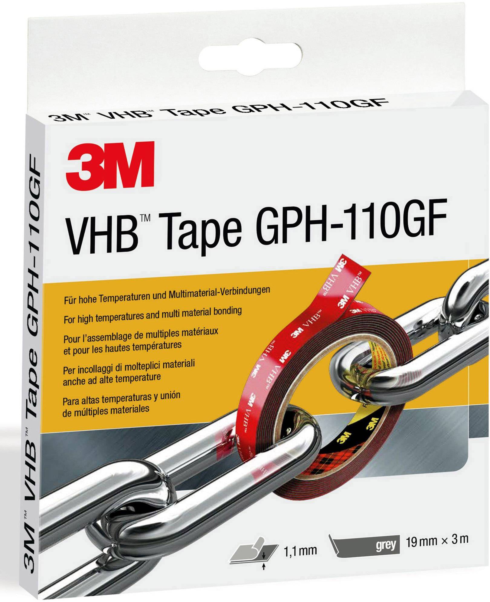 Emballage d'un ruban adhésif double face 3M VHB GPH-110GF, conçu pour les liaisons à haute température et les assemblages multimatériaux.