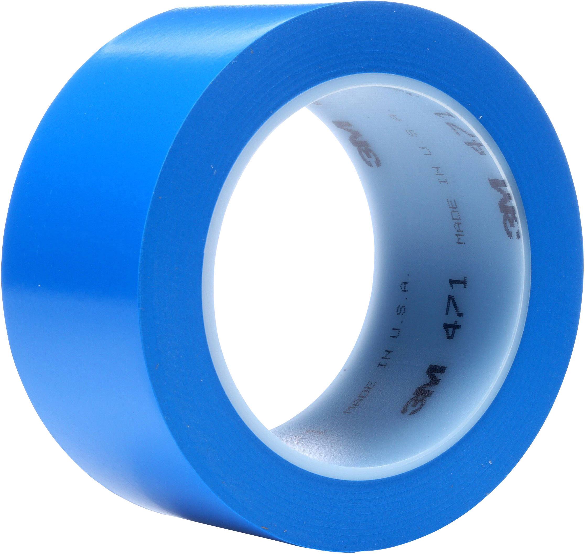 Un rouleau de ruban adhésif bleu, légèrement brillant, est dressé verticalement. L'intérieur du rouleau présente quelques impressions dans une autre couleur.