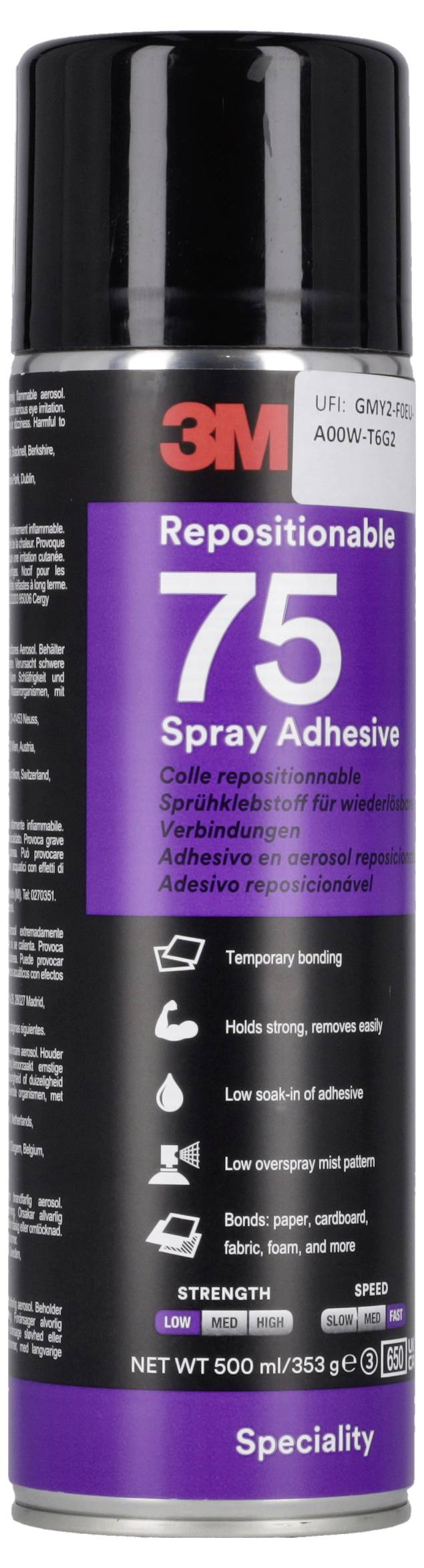 Spray adhésif repositionnable 75 de 3M en boîte noire et violette, étiqueté pour collage temporaire et utilisation à faible pénétration, bidon de 500 ml.
