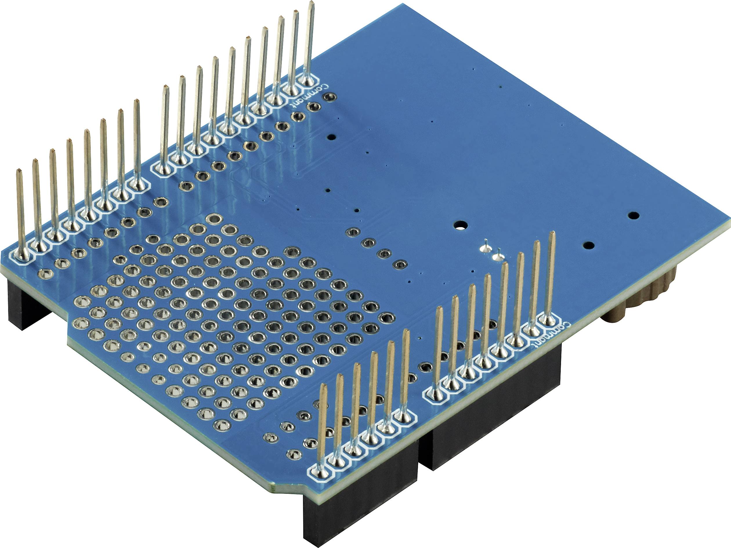 Bouclier électronique bleu avec des connecteurs dorés remarquables et de nombreux points de soudure. Adapté pour le prototypage électronique.