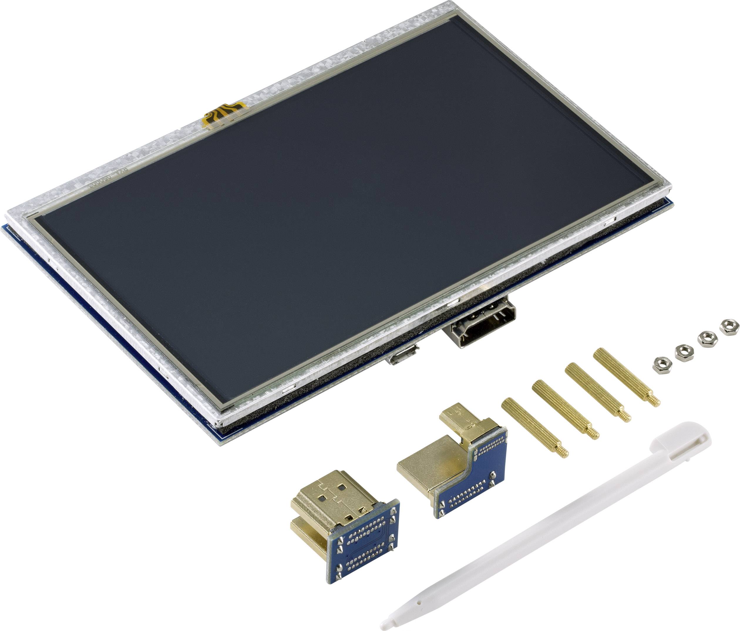 Un module écran LCD tactile avec composants de connexion, quatre boulons dorés, des vis et un stylet blanc.