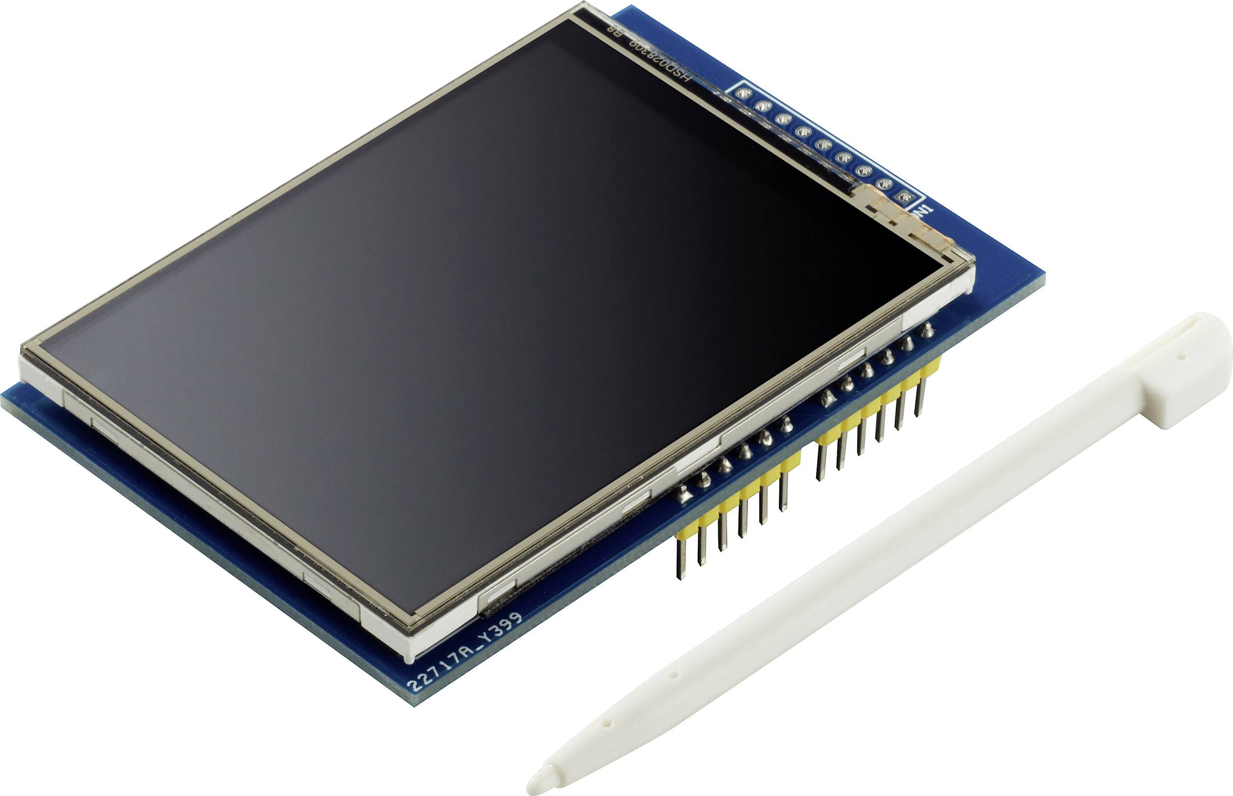 Module d'affichage tactile avec carte de circuit imprimé bleue et rangées de broches blanches. Un stylet blanc est posé à côté.