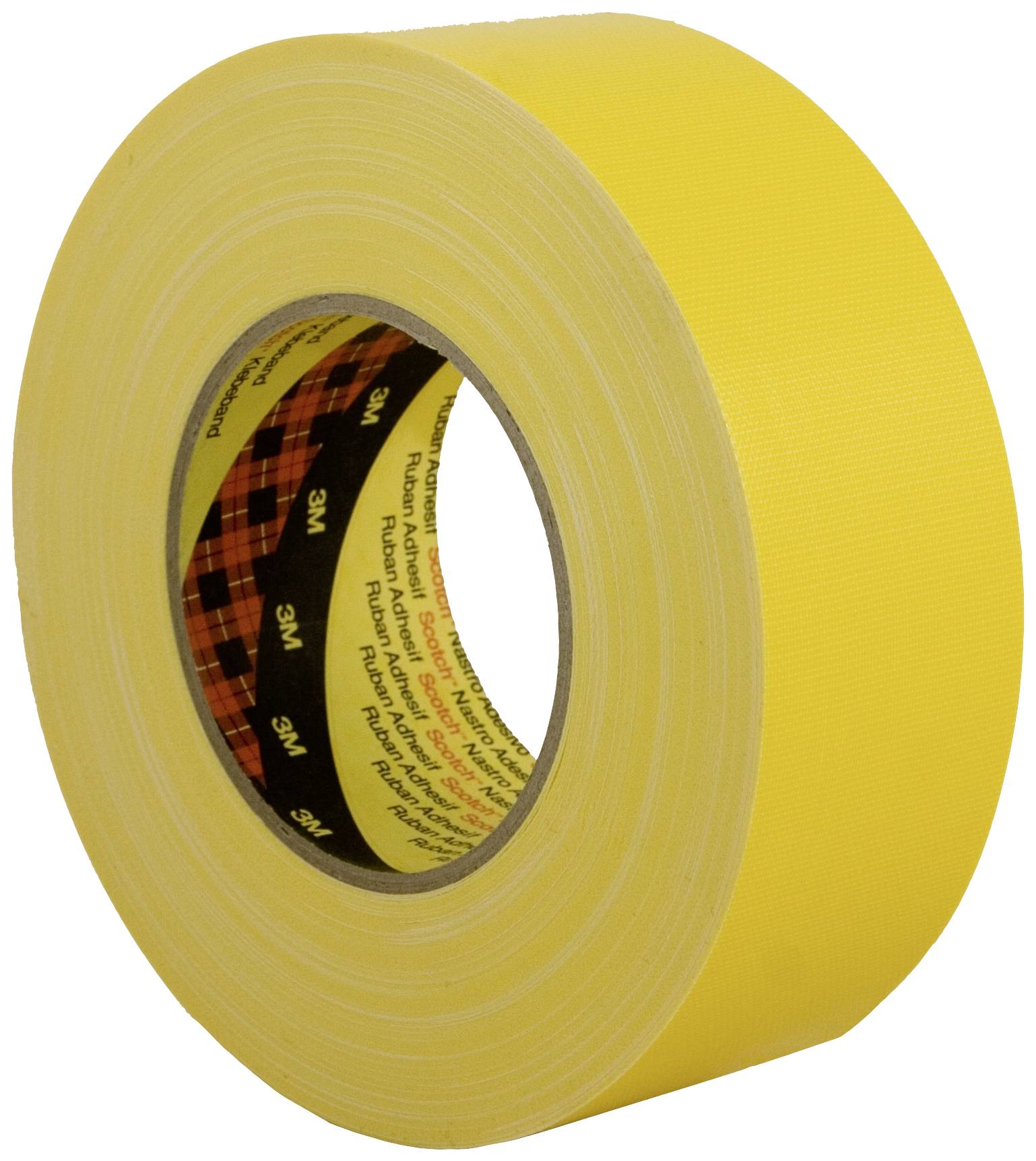 Rouleau de ruban adhésif jaune, vue de côté, avec une étiquette intérieure noire et rouge présentant un motif avec un logo.