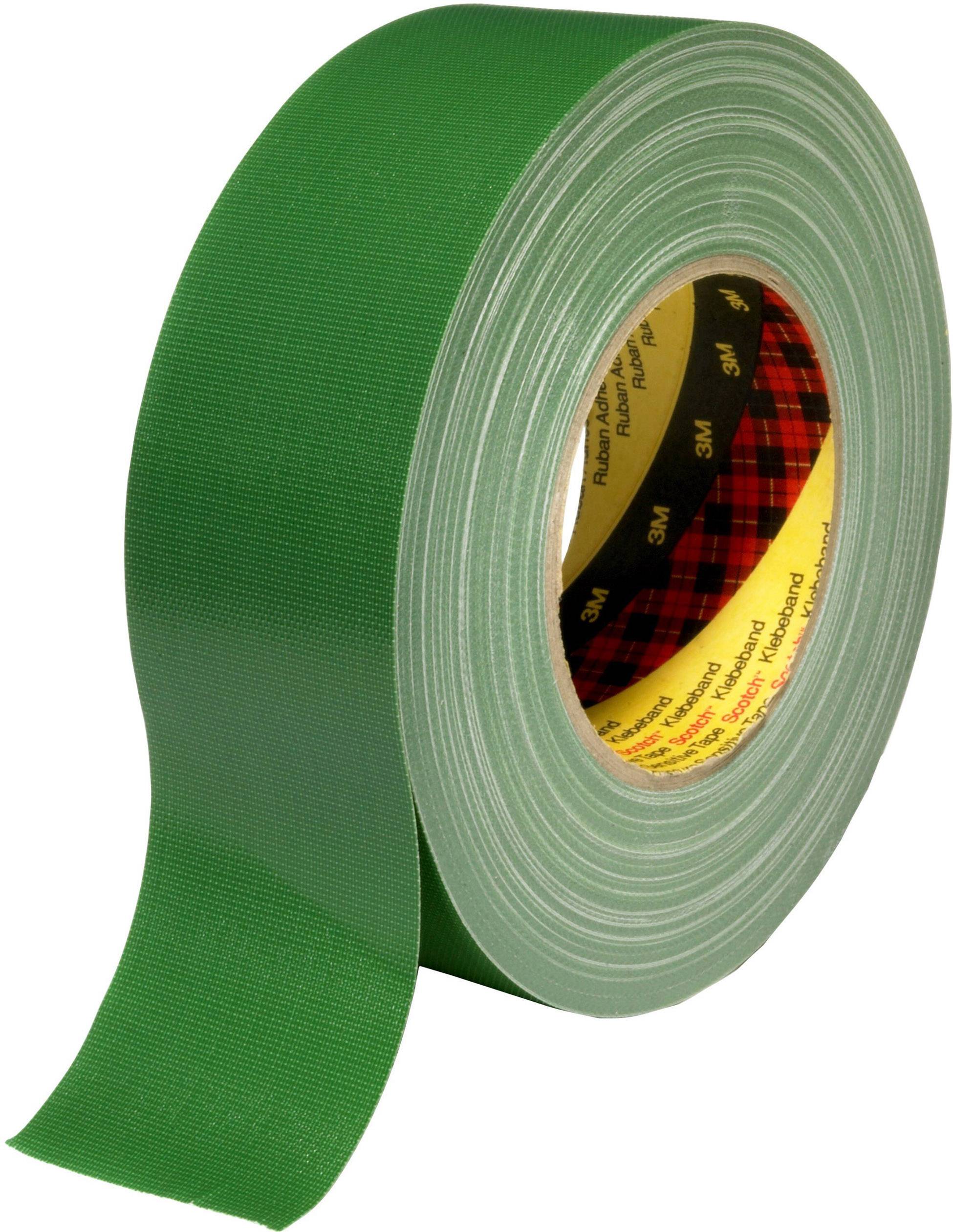 Rouleau de ruban adhésif vert maintenu verticalement.