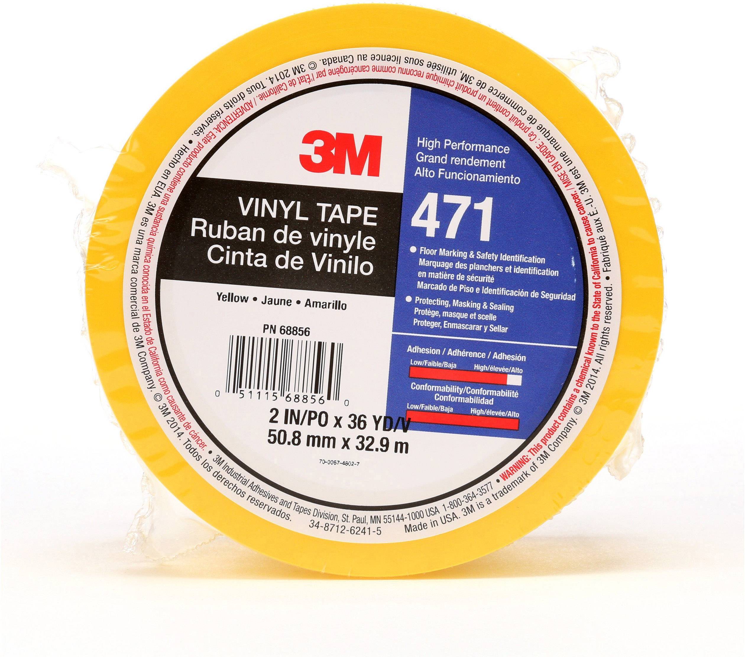 Ruban vinyle 3M 471 en jaune, 50,8 mm x 32,9 m. Adapté pour le marquage au sol, l'étanchéité et le codage couleur. Logo 3M en haut.
