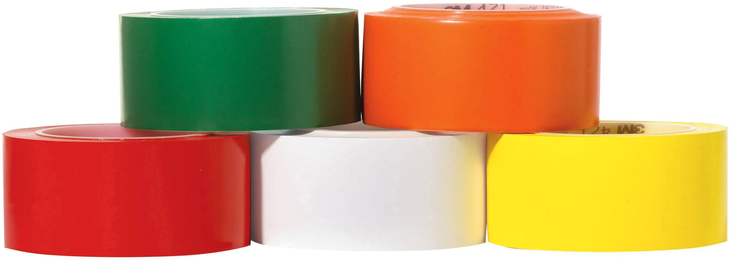 Cinq rouleaux de ruban adhésif de couleurs : vert, orange, rouge, blanc, jaune. Adapté à divers usages de marquage ou de décoration.