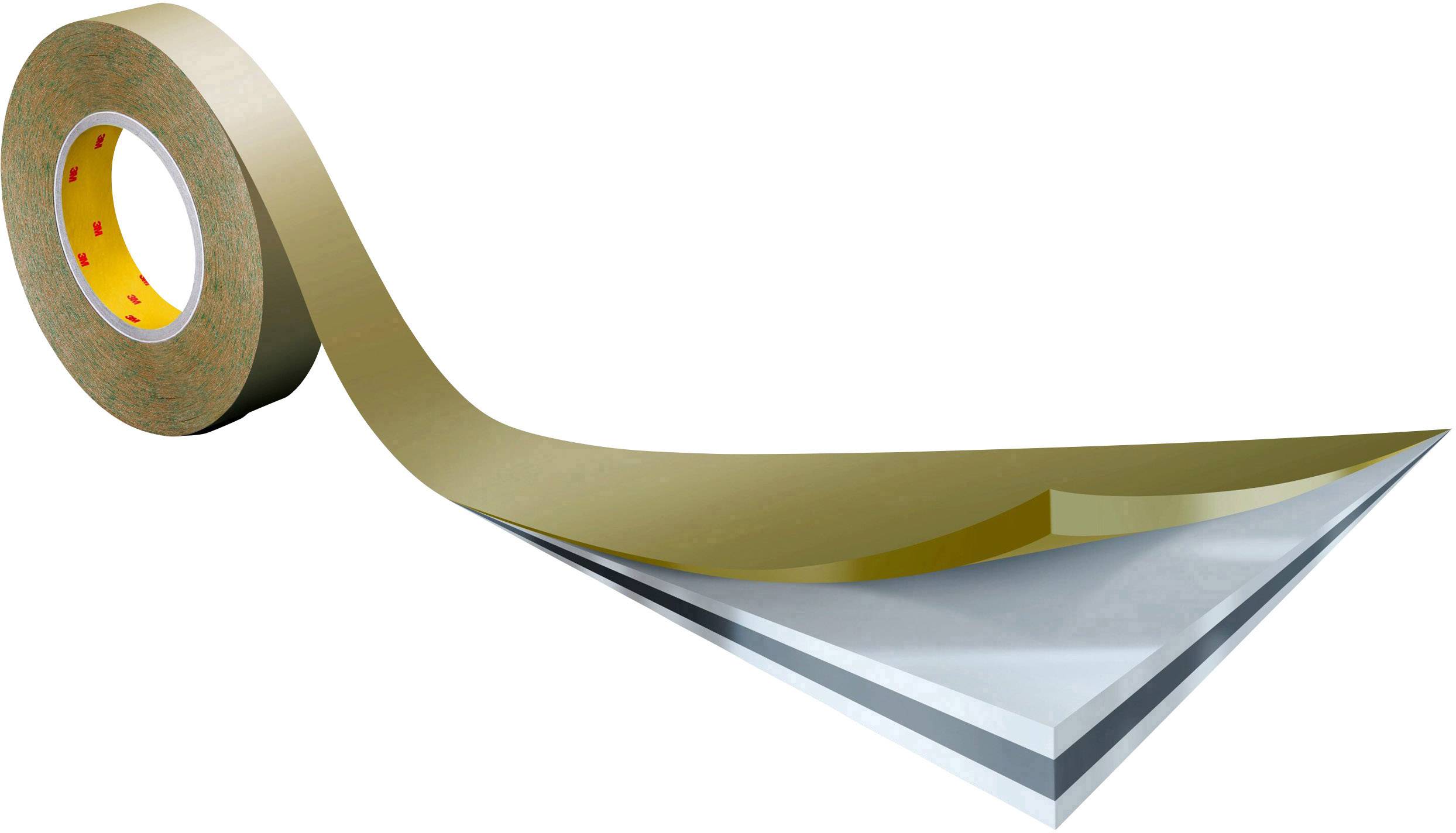 Du ruban adhésif double face qui se déroule d'un rouleau montre les différentes couches de colle et de matériaux supports.