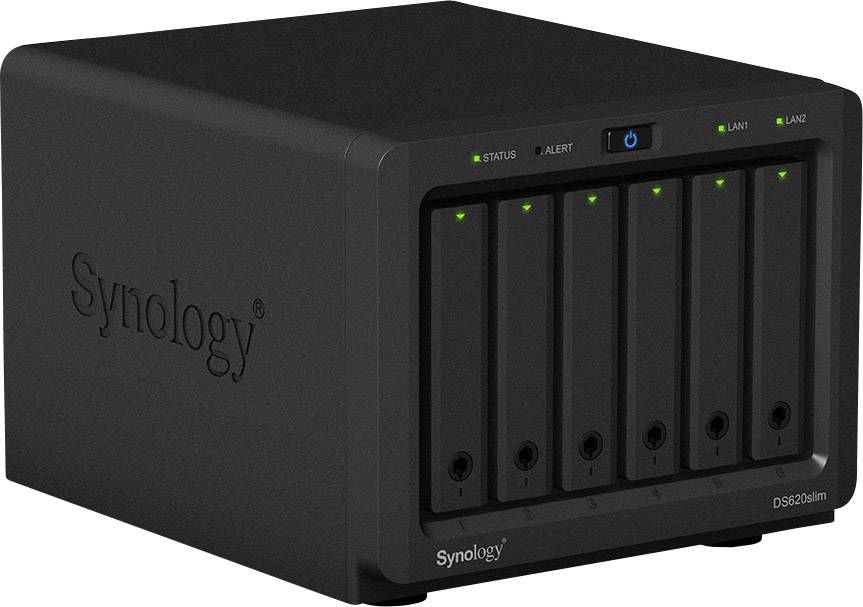 Un boîtier de stockage réseau (NAS) noir avec six baies de disques et des voyants d'état sur la façade. Appareil de Synology.