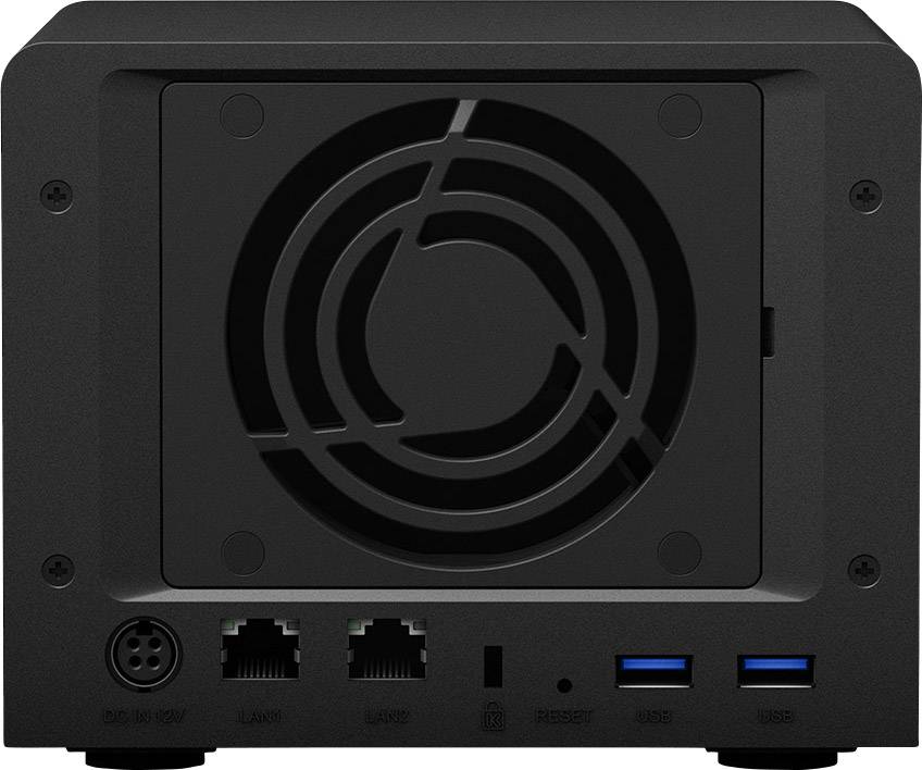 Un appareil électronique noir avec des fentes de ventilation et des ports à l'arrière, notamment des ports LAN et USB.