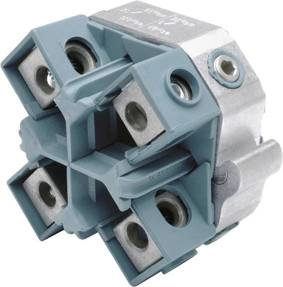 Un connecteur carré à quatre bornes de connexion, bleu et argent, en métal et en plastique, pour les connexions électriques.