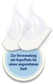 Deux VapoPads fumants avec un texte sur un fond bleu : « À utiliser avec les VapoPads pour une fragrance agréable ».