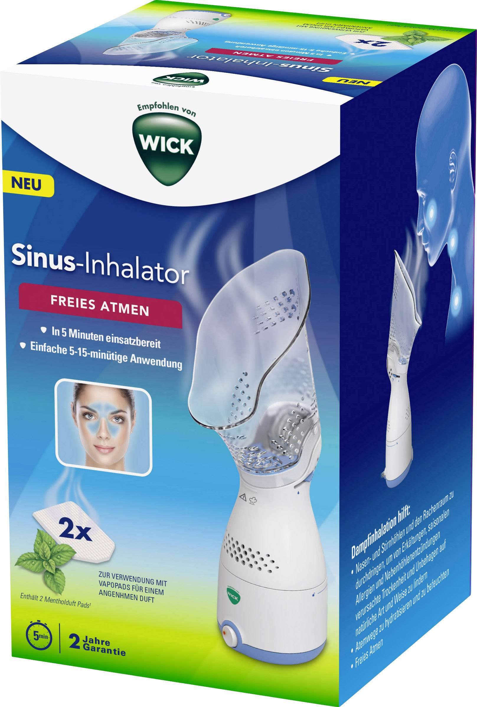 Inhalateur Nasal Vicks, illustration d'un inhalateur de vapeur avec un grand masque. Texte : 'Respirez librement', 'Prêt en 5 minutes'. Avec parfum de menthol.
