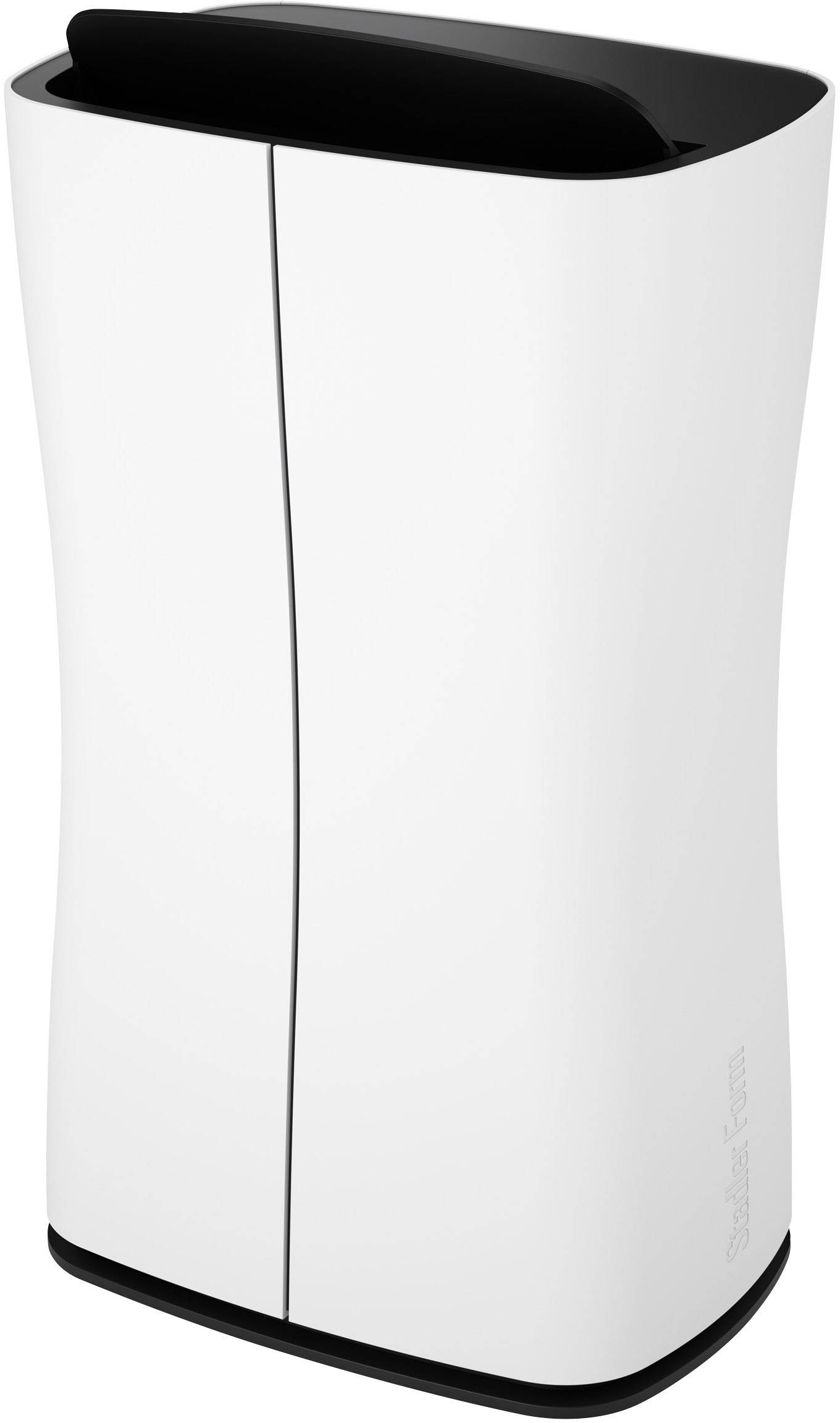 Déshumidificateur blanc à design ondulé avec partie supérieure noire, ligne élégante et moderne.