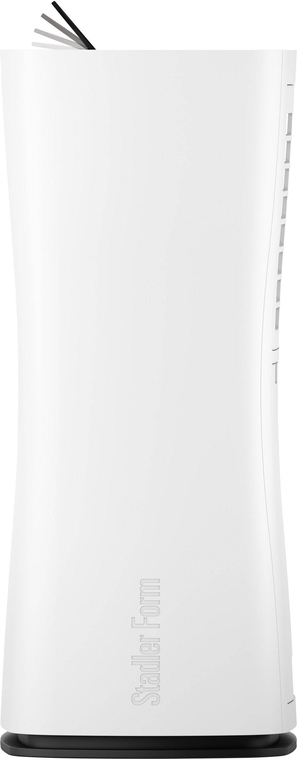 Un purificateur d'air blanc, cylindrique, à la surface lisse, au design légèrement incurvé et doté de fentes de ventilation sur les côtés.