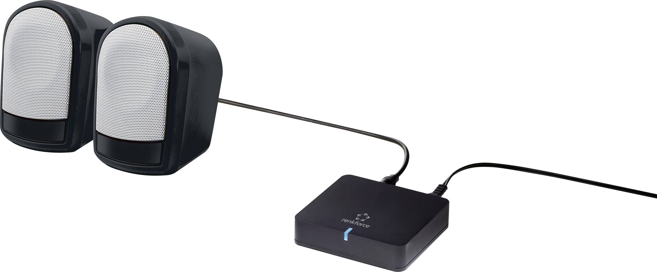 Deux enceintes noires sont connectées à un amplificateur audio compact et rectangulaire, qui est alimenté par un câble.