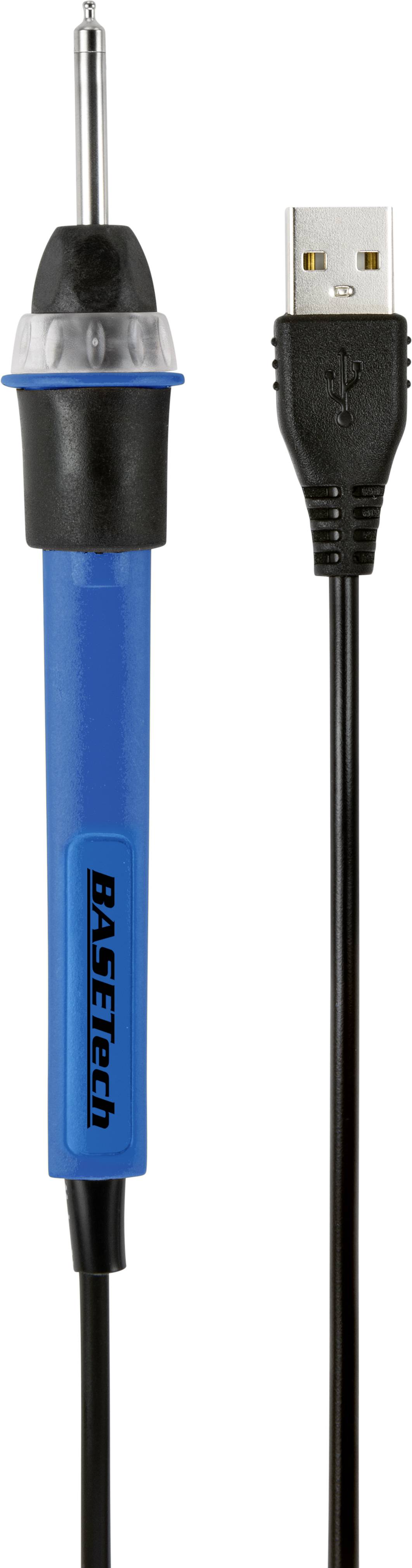 Fer à souder électrique avec connexion USB, poignée bleue et câble noir.