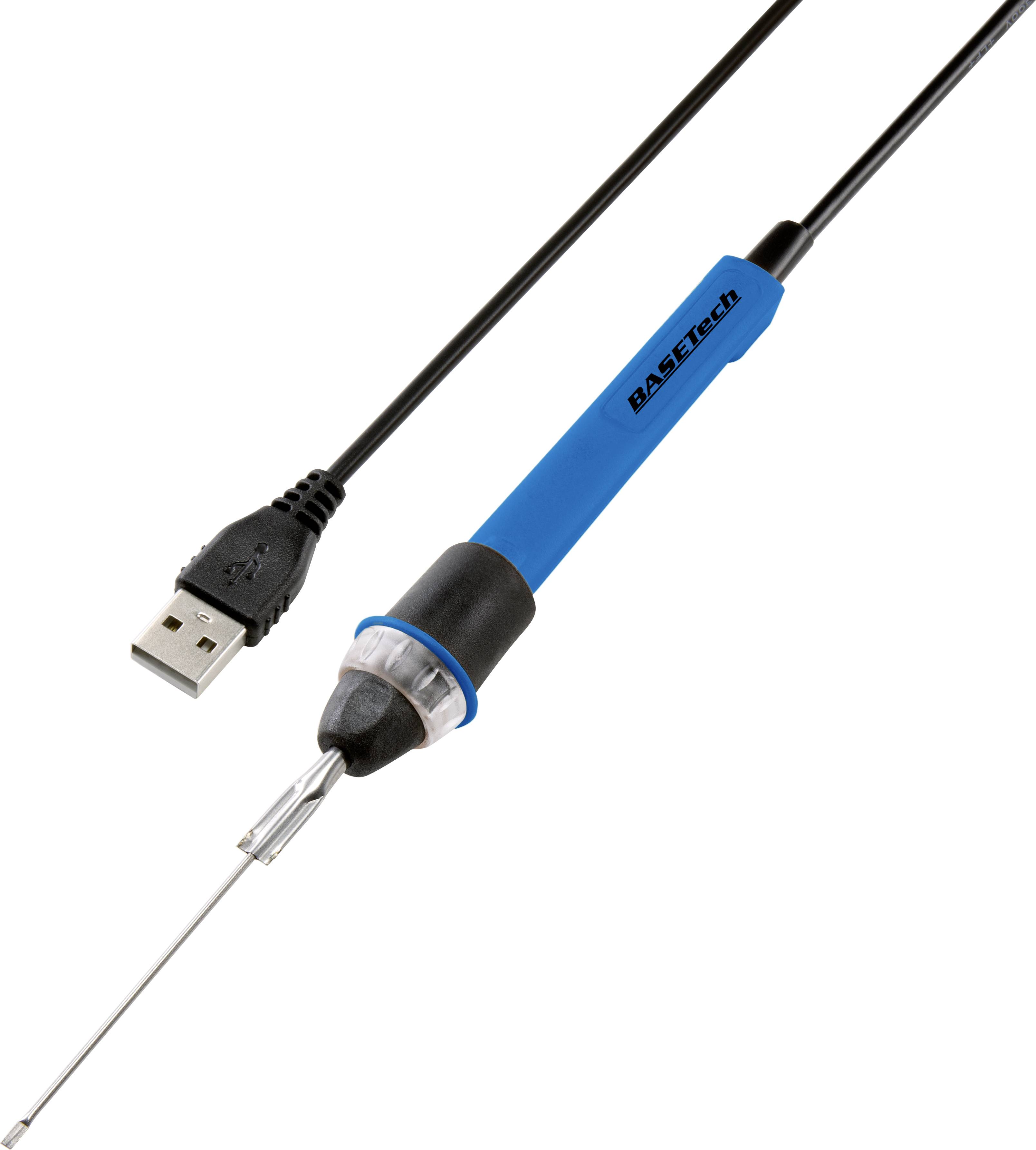 Un fer à souder USB bleu avec un câble noir.