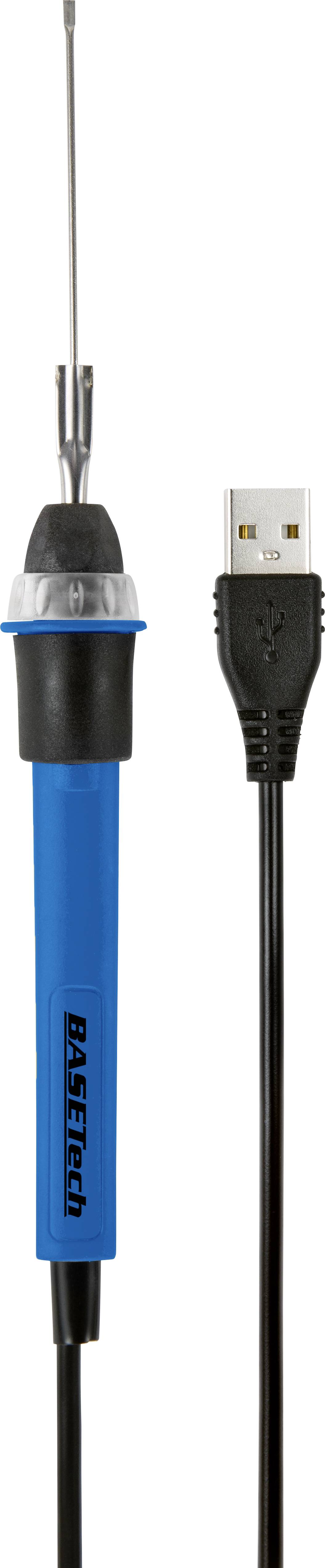 Fer à souder avec isolation bleue sur la poignée et câble de connexion USB.