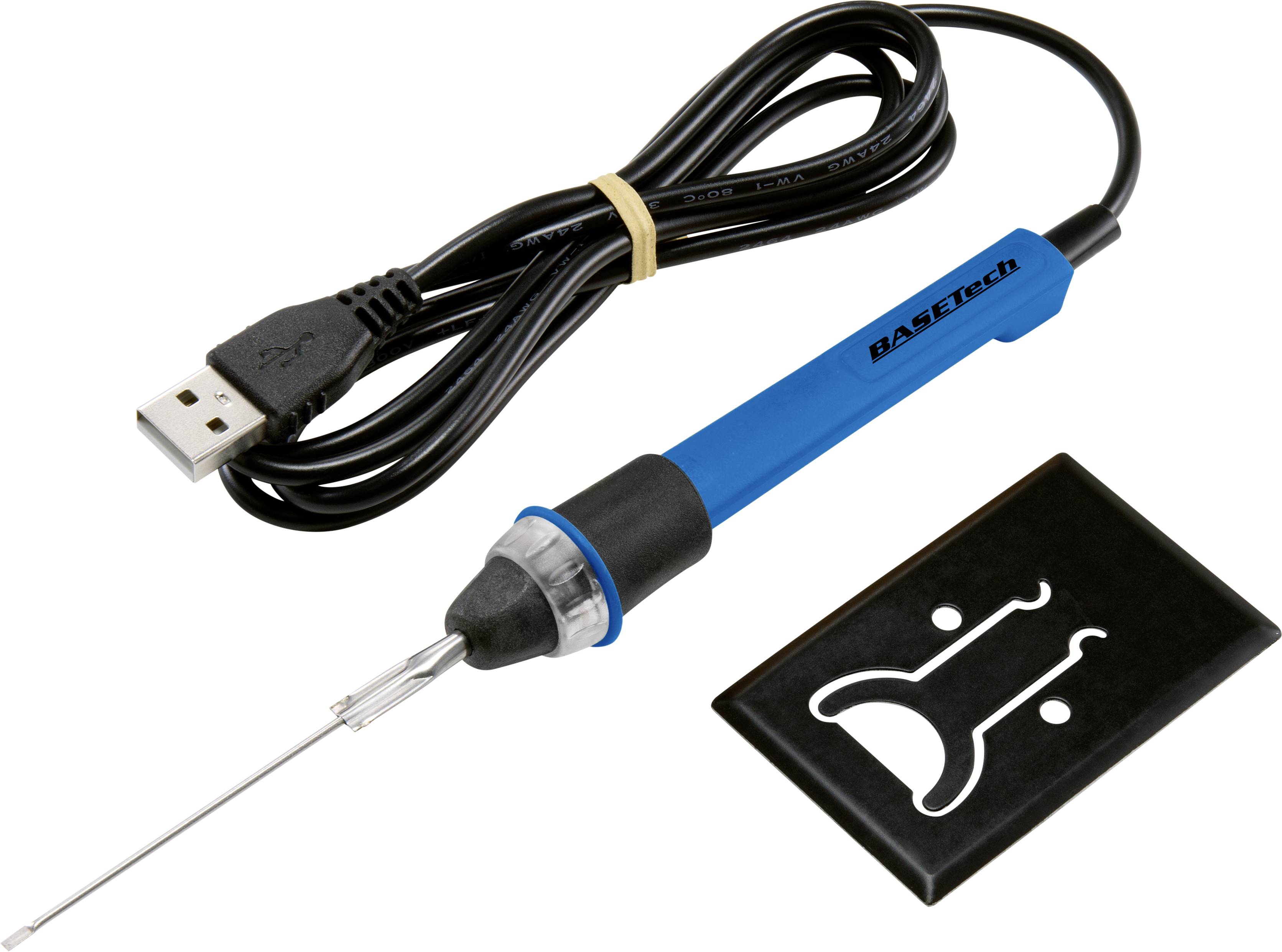 Fer à souder avec câble USB, manche bleu et pointe métallique, à côté d'une plaque noire avec logo blanc. Idéal pour les travaux électroniques.