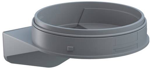 Un boîtier en plastique gris, rond, avec un support de fixation latéral, probablement un composant d'un dispositif technique plus important.