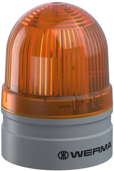 Un voyant d'avertissement orange avec un boîtier transparent, monté sur un socle gris. Il est fabriqué par WERMA.