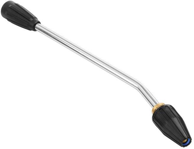 Tube de pulvérisation métallique avec deux buses de poignée noires à chaque extrémité, design légèrement incurvé, pour le nettoyage ou l'arrosage.