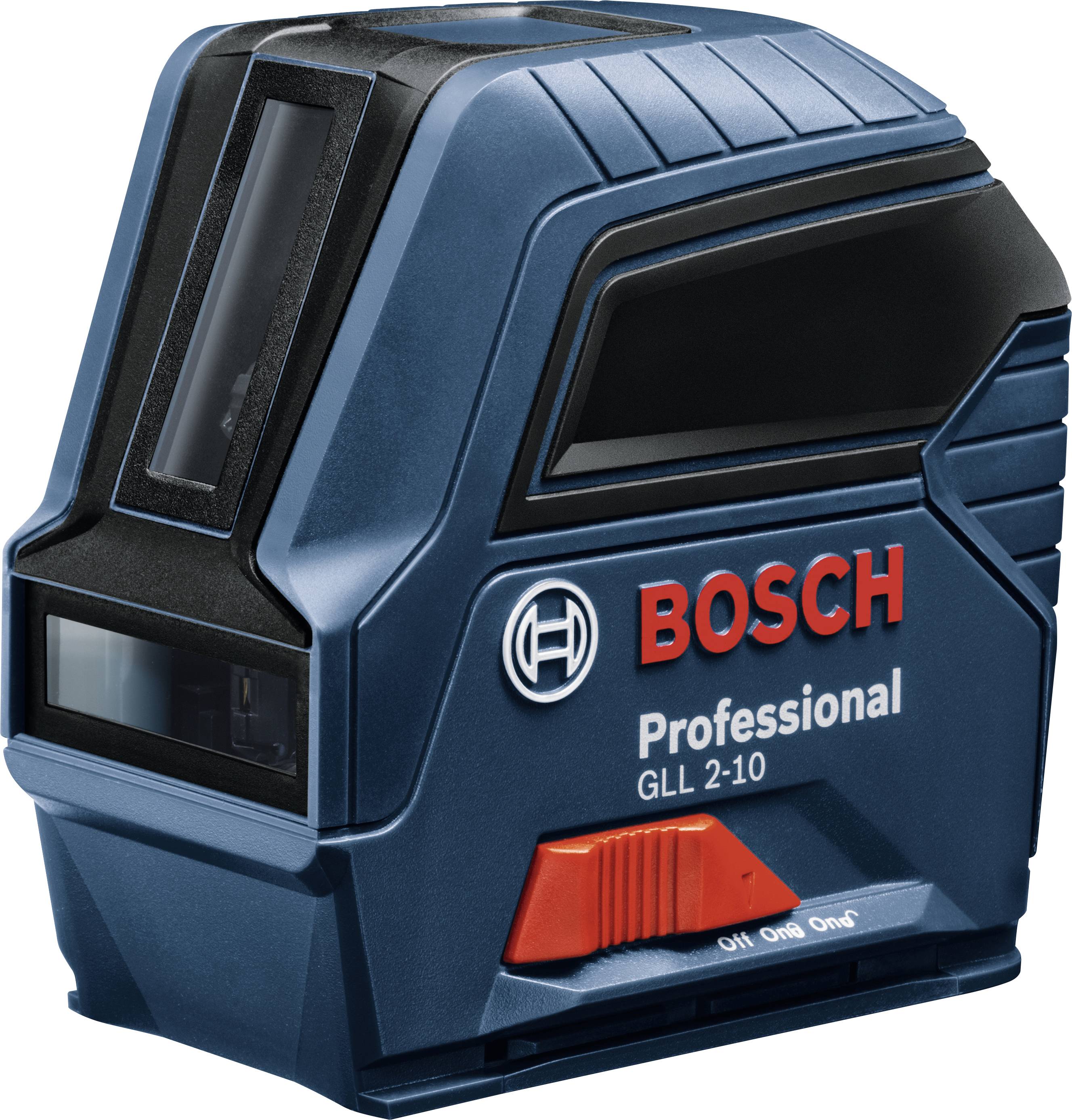 Un appareil laser Bosch GLL-2-10 Professionnel de couleur bleue avec un interrupteur rouge et le logo de l'entreprise, utilisé pour des travaux de mesure précis.