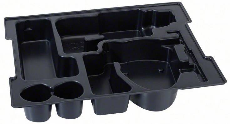 Emballage en plastique noir avec plusieurs compartiments pour différents produits. Le compartiment principal est grand et rectangulaire, les autres sont plus petits.