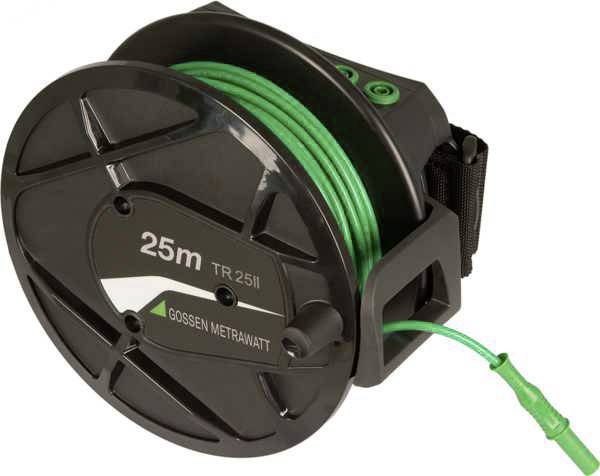 Enrouleur de câble rond avec câble vert pour électronique ou alimentation électrique, longueur de 25 mètres, noir avec nom du fabricant.