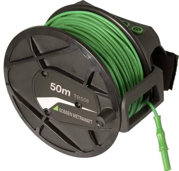 Tambour de câble de 50 m de Gossen Metrawatt, noir, avec câble vert. Adapté aux appareils de mesure pour la mesure de tension et de courant.