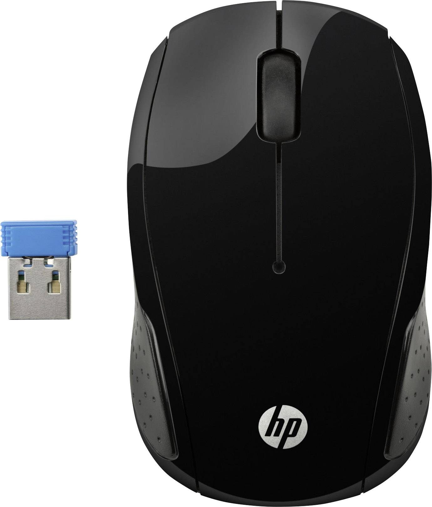 Une souris d'ordinateur sans fil noire avec le logo HP, à côté d'un petit récepteur USB avec un capuchon bleu.
