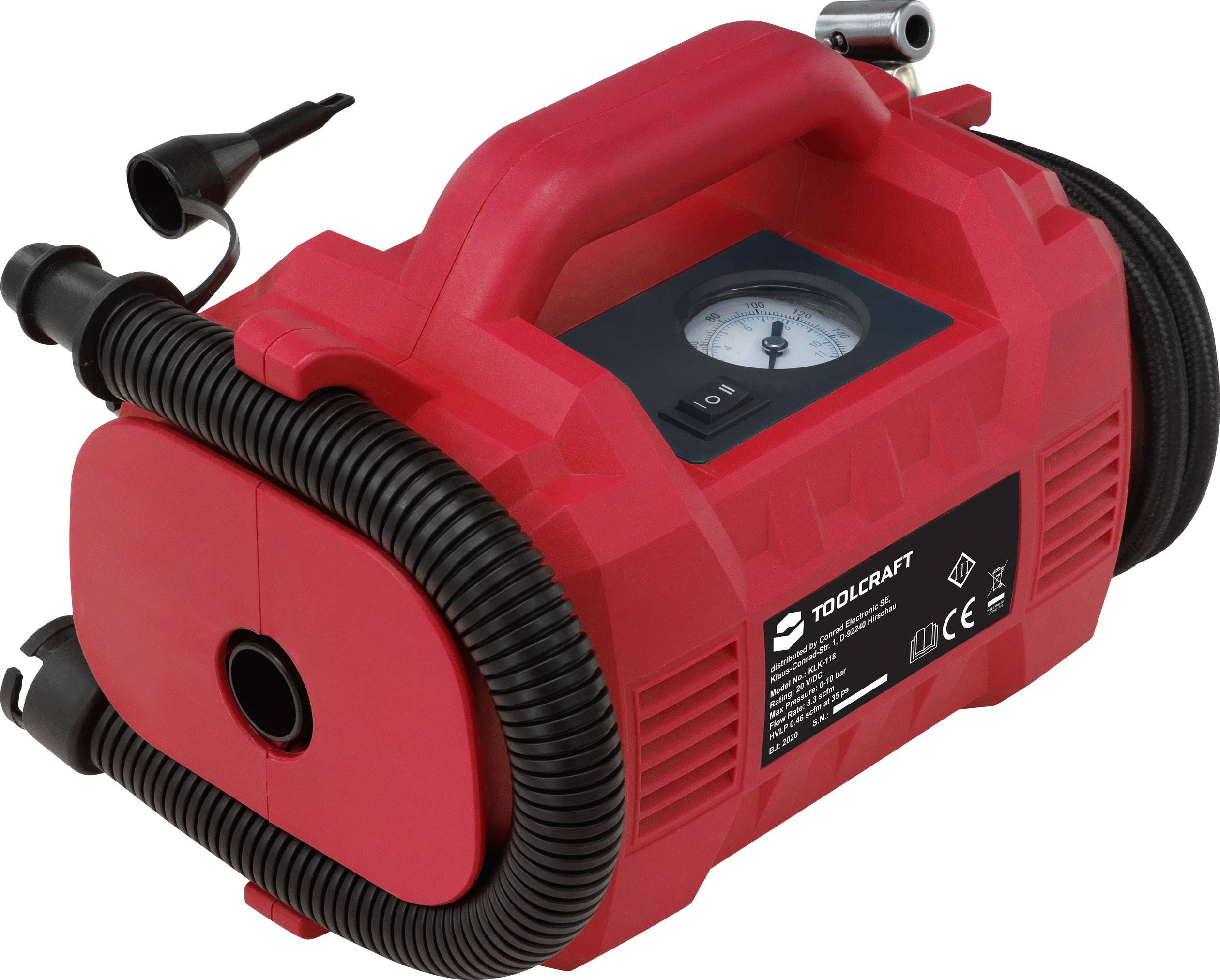 Compresseur portable rouge avec un manomètre en haut et plusieurs connexions pour tuyaux.