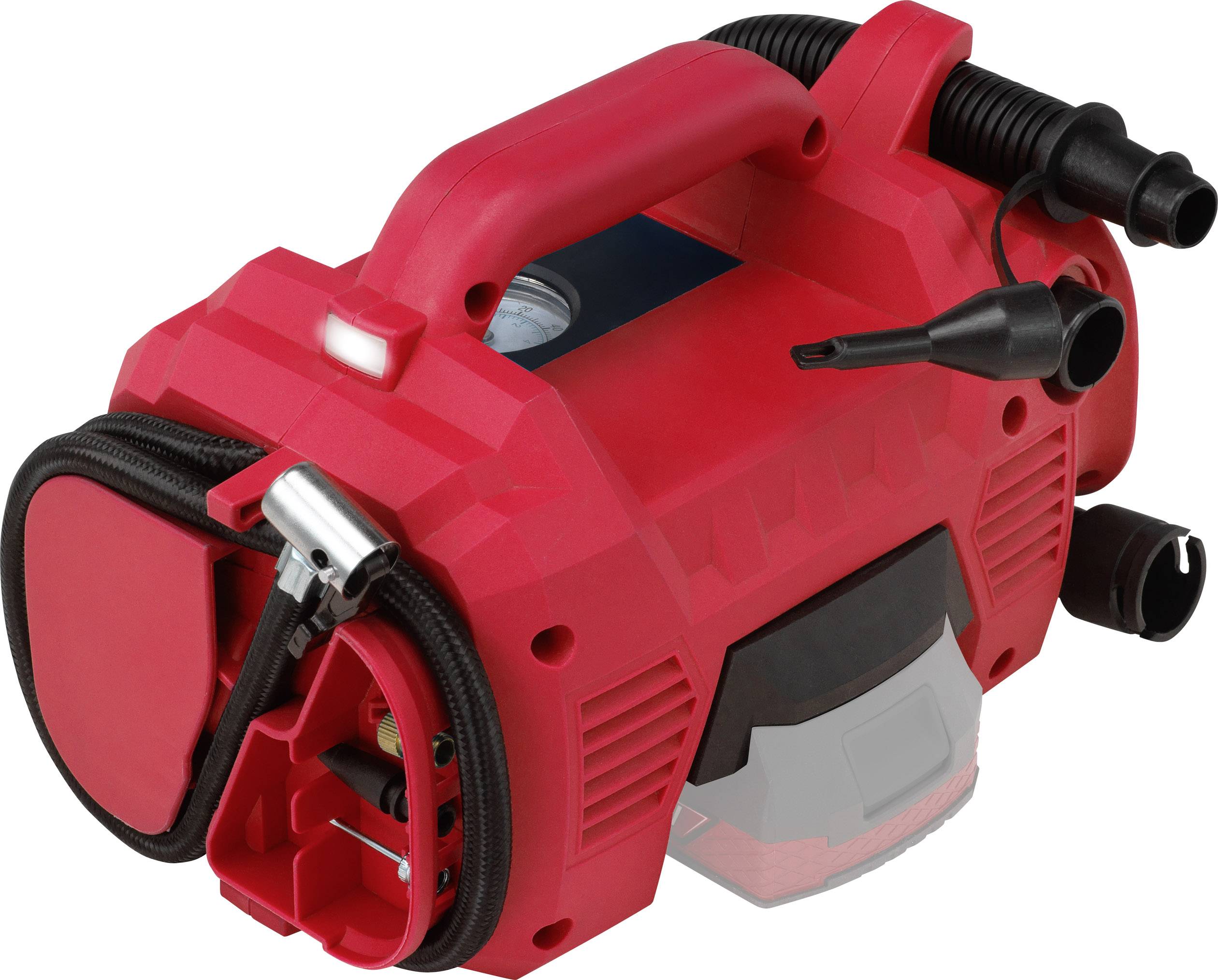 Un compresseur d'air portable rouge avec un tuyau et un embout, adapté pour gonfler des pneus de voiture et de l'équipement sportif.