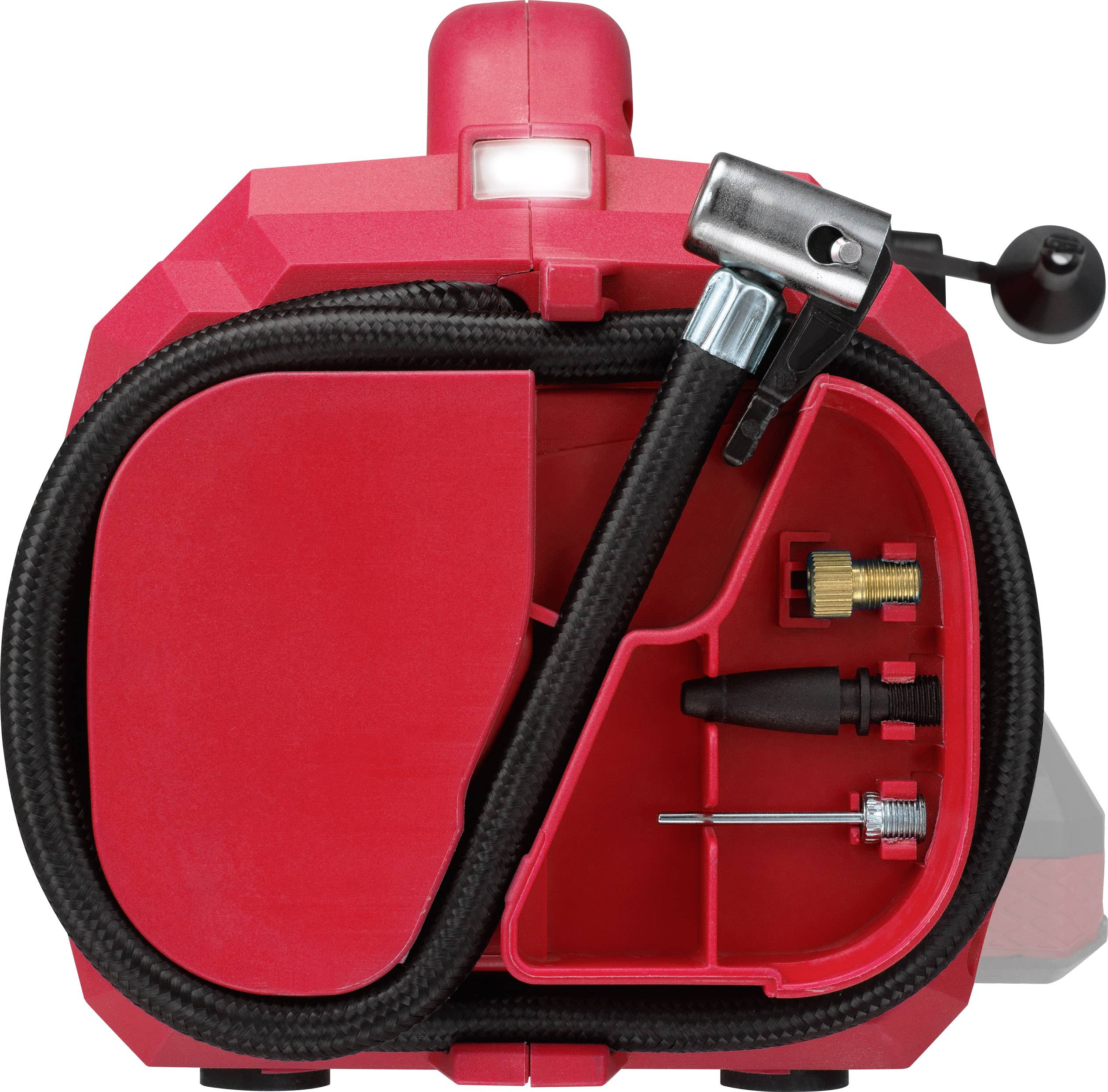 Compresseur portable rotatif avec tuyau et accessoires, comprenant différentes buses et adaptateurs, idéal pour le gonflage des pneus et les travaux nécessitant de l'air comprimé.
