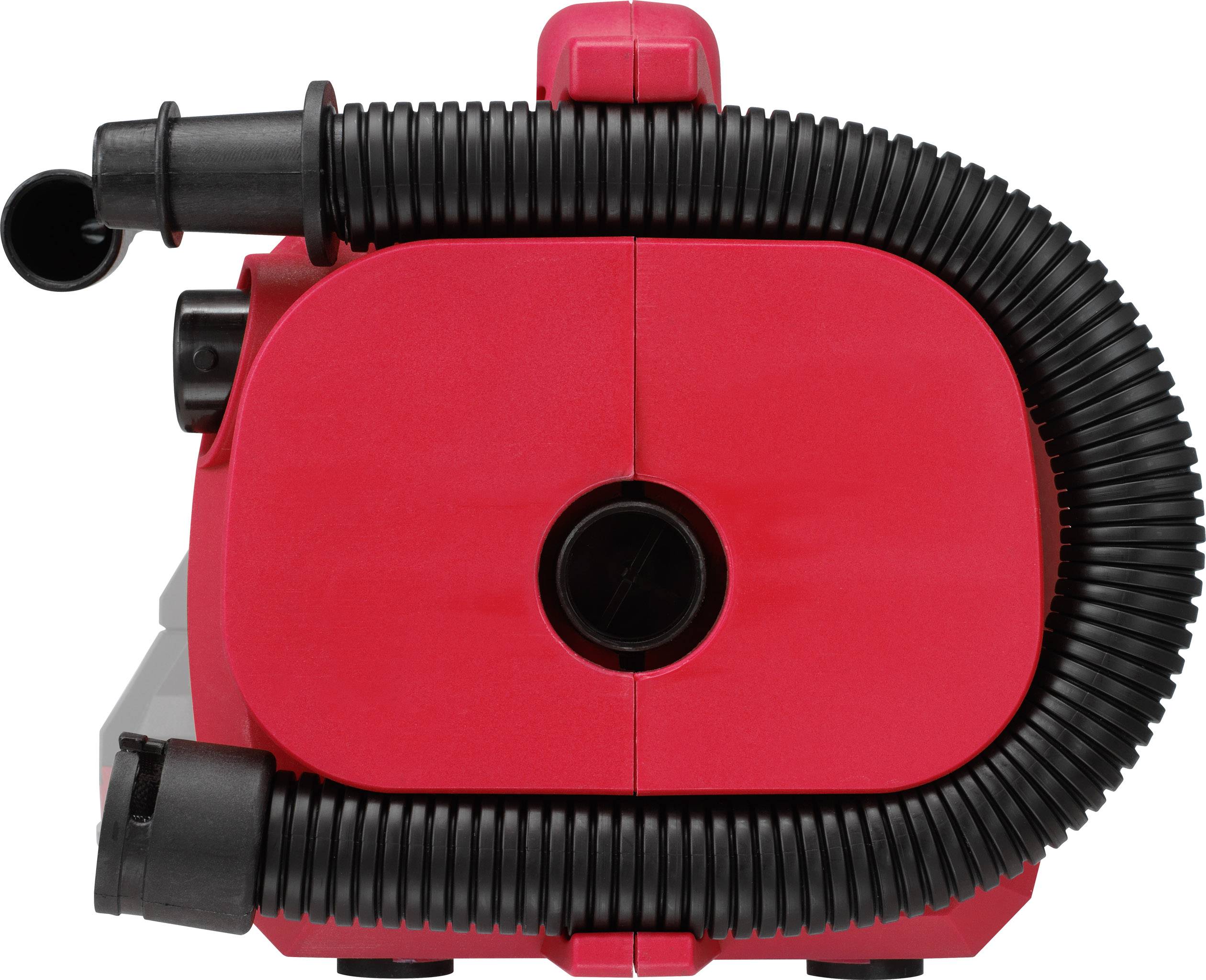 Aspirateur portable rouge avec un tuyau flexible, vue de face.