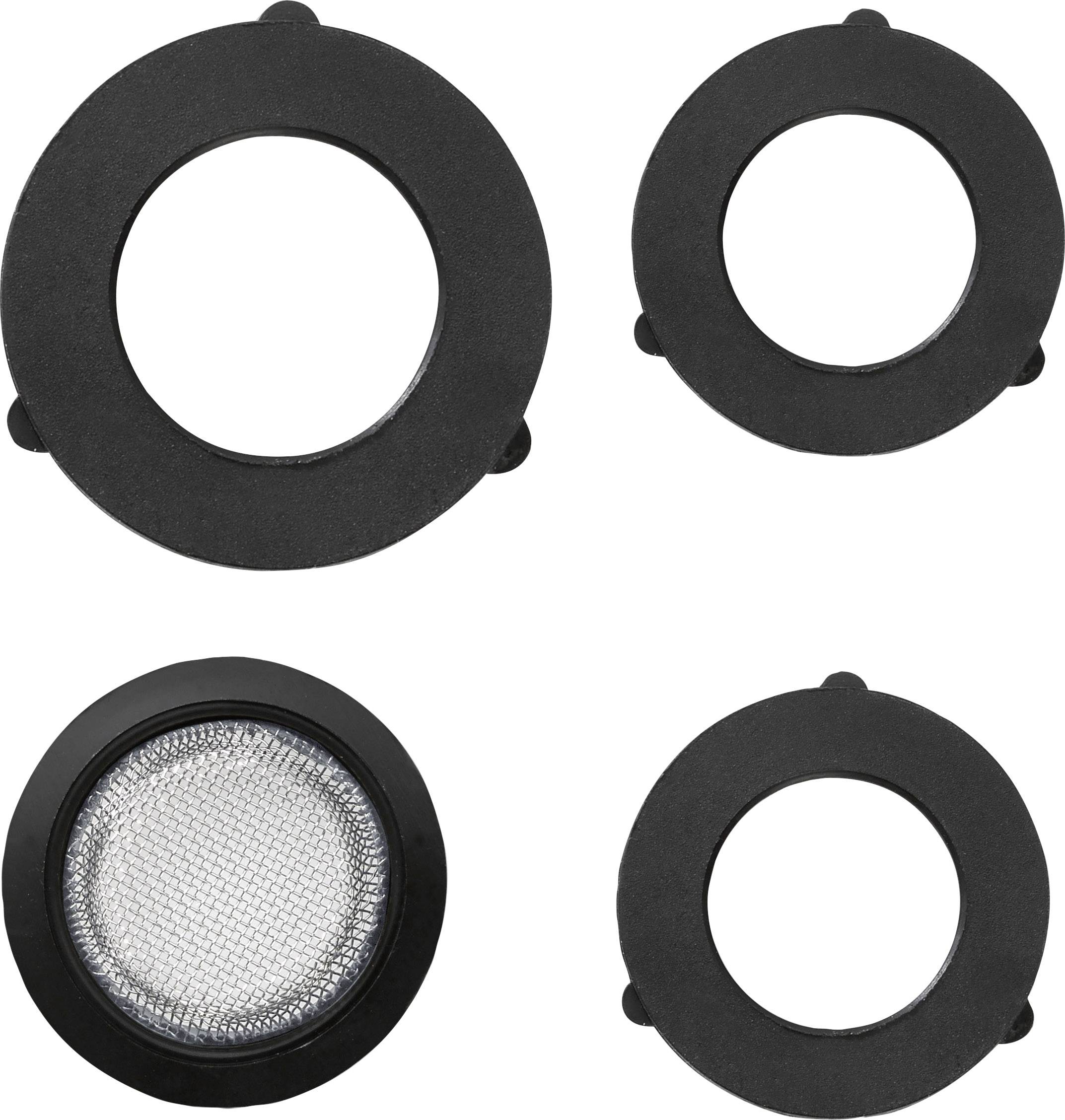 Quatre bagues de diaphragme noires avec des diamètres intérieurs de filaments différents, dont une avec un fin réseau quadrillé. Elles sont disposées sur un fond blanc.