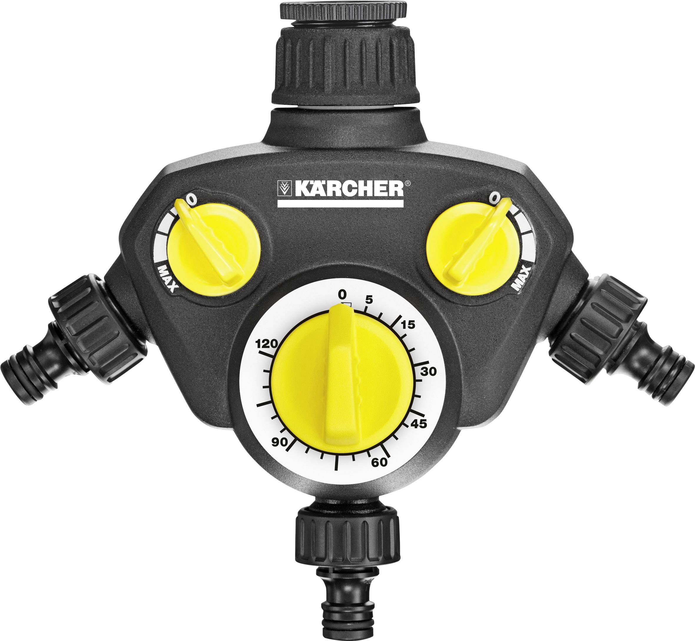 Répartiteur triple tube avec vannes jaunes et régulateur rotatif pour le réglage du temps d'écoulement de l'eau, nom de marque en haut.