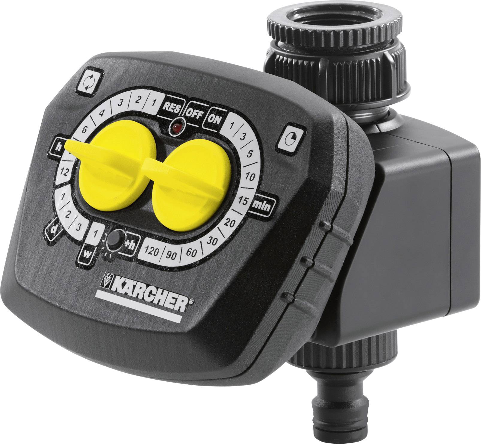 Ordinateur d'irrigation de jardin avec deux boutons rotatifs jaunes pour régler la fréquence et la durée, possibilité de connexion en haut.