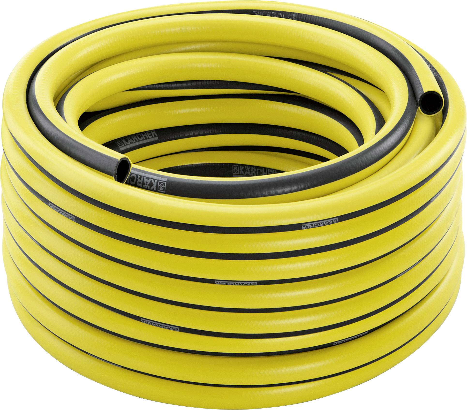 Tuyau d'arrosage jaune enroulé, avec une bande noire le long de sa longueur.