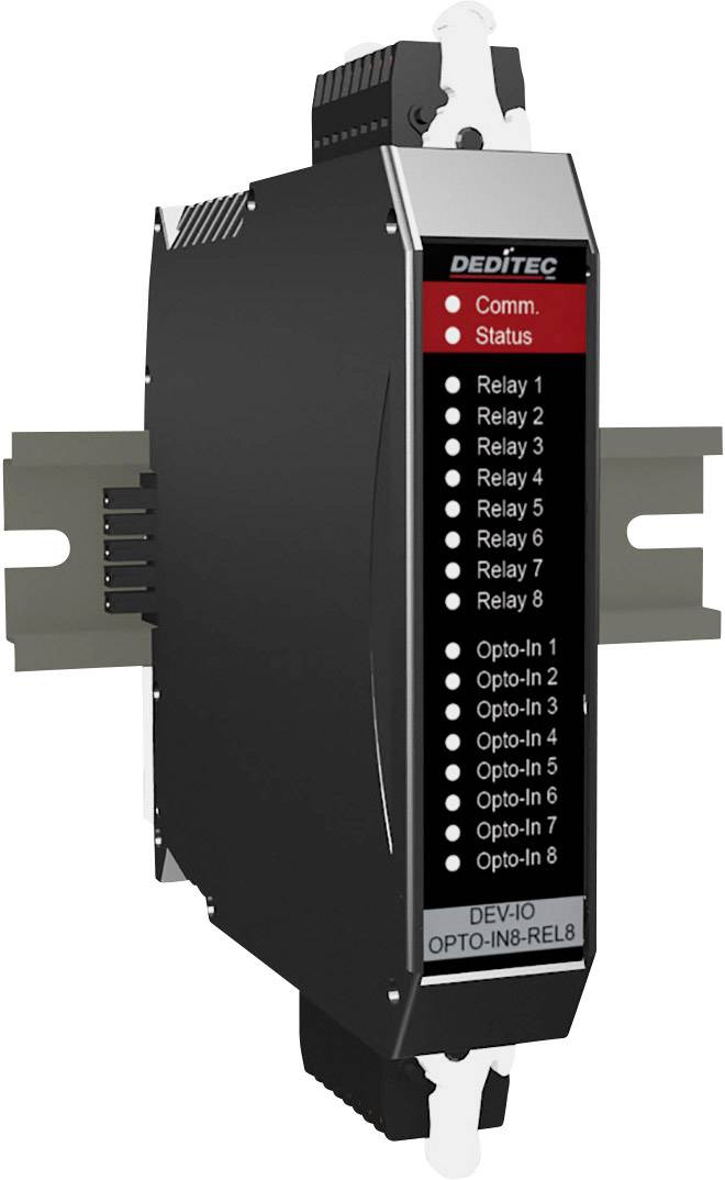 Appareil électronique noir pour montage sur rail DIN avec des LED de statut rouges et vertes. Indique les différents relais actifs ou inactifs.