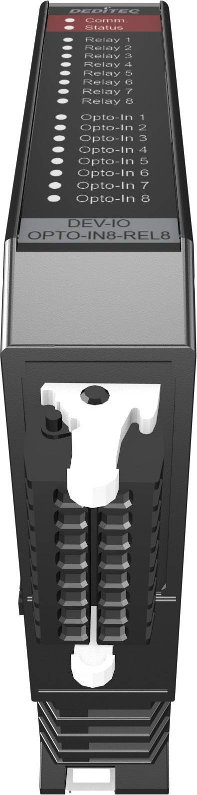 Étiquette 'Opto-IN6-REL8' sur un module électronique noir avec plusieurs voyants de contrôle circulaires et des interrupteurs pour différents réglages d'« options ».