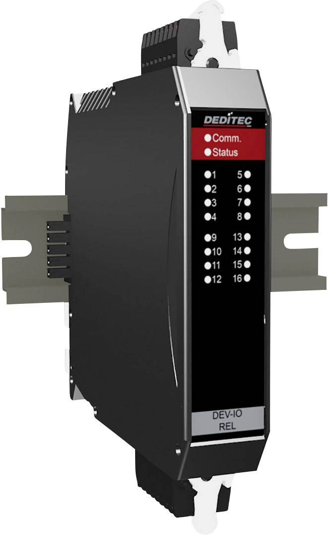Dispositif technique noir et argent pour montage sur rail DIN. Inscription 'Comm. Status' avec des LED de 0 à 17. Nom de marque en haut.
