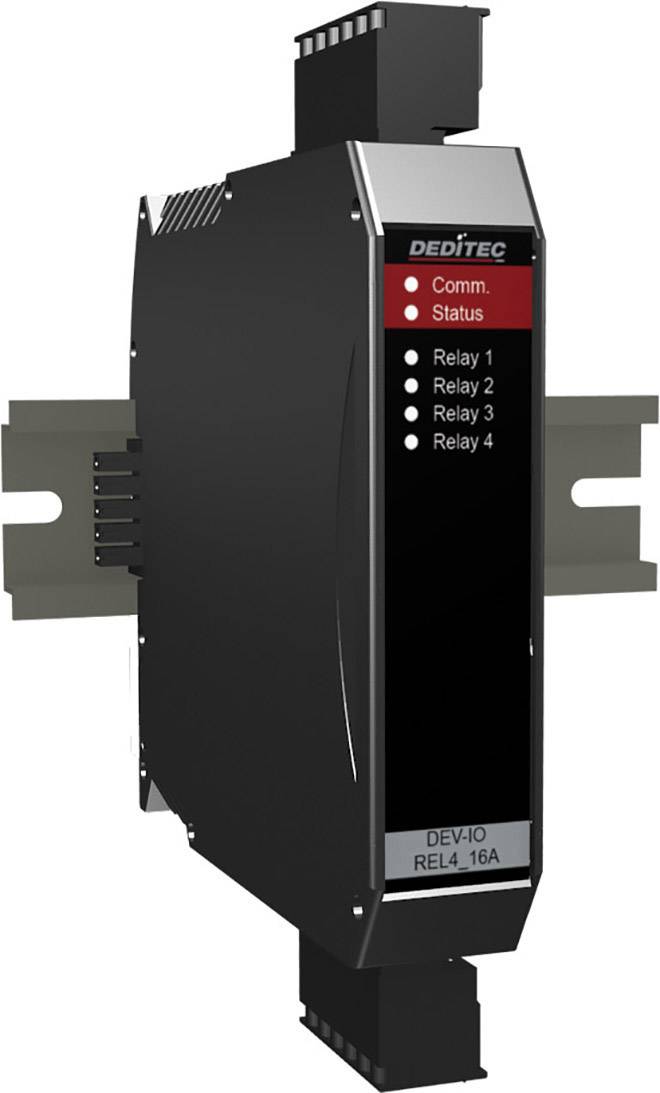 Appareil DEDITEC affichant des LED 'Comm.' et 'Status', ainsi que quatre indicateurs de relais : 'Relay 1' à 'Relay 4'. Montable sur rail DIN.