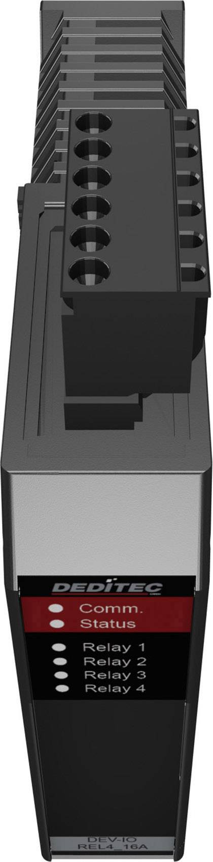 Un module de relais industriel multicanaux, avec des voyants LED indiquant le statut de communication et cinq états de relais.